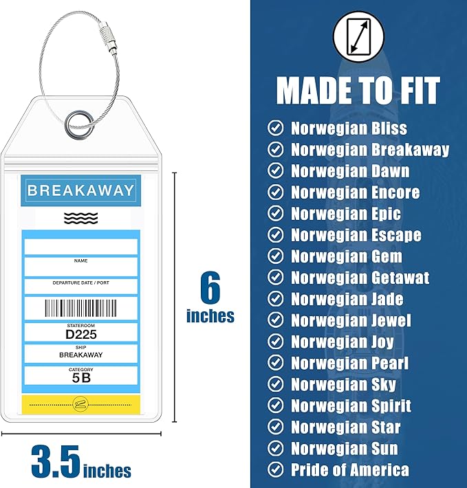 Cruise On Norwegian Luggage Tag Holders (4 Pack) & Lanyards (2 Pack) – Large, Clear, Waterproof Cruise Essentials 2025-2026 – Secure Ship Tags & Cards (Royal Blue)