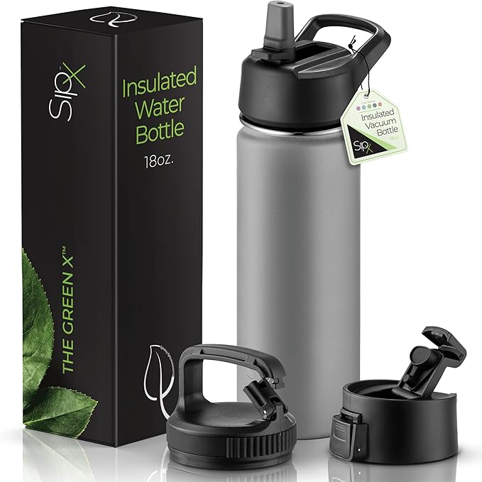 SipX™ Triple-Insulated Stainless Steel Water Bottle 18oz. With 3 Lids, BPA-Free Reusable Insulated Water Bottle Keeps Cold 24 Hours, (Grey)