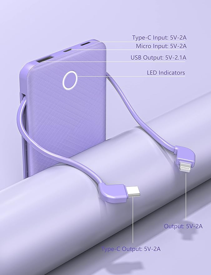 6000mah Ultra Slim Built in Cables Power Bank, Card Size Built in USB C Cords Battery Pack Portable Charger for Phones, 3 Output External Battery Pack Compatible with iPhone, 2-Pack White & Purple