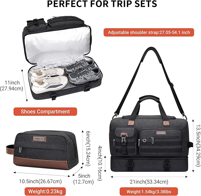 WITZMAN Duffle Bag for Men 50L Canvas Weekender Overnight Bag with Toiletry Bag Sets Travel Duffel Bag Shoes Compartment（A8010-2 Classic Black）