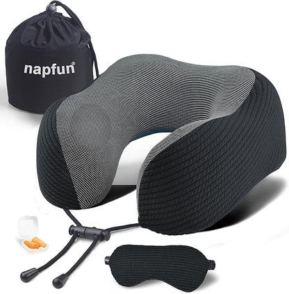 napfun Neck Pillow for Traveling, Upgraded Travel Neck Pillow for Airplane 100% Pure Memory Foam Travel Pillow for Flight Headrest Sleep, Portable Plane Accessories, Striped Black