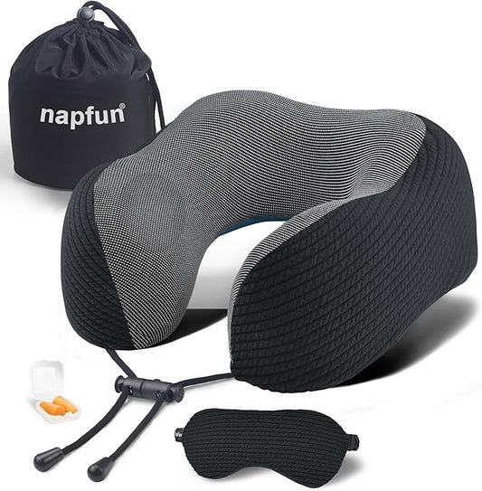 napfun Neck Pillow for Traveling, Upgraded Travel Neck Pillow for Airplane 100% Pure Memory Foam Travel Pillow for Flight Headrest Sleep, Portable Plane Accessories, Striped Black