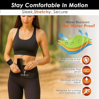 Reflective Running Belt Set – Sweat-Resistant Fanny Pack for Women & Men with Sweatband & Wristband – Phone Holder Waist Pouch for Gym, Travel, Marathon – S/M/L Sizes (Black, Large)