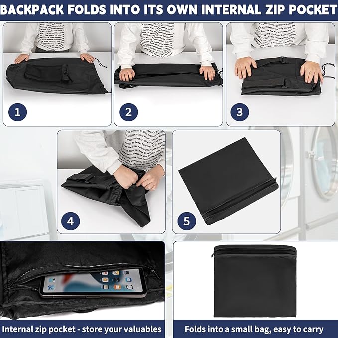 Laundry Bag Backpack with 3 Sizes Mesh Wash Bags and Shoulder Straps Foldable Clothes Hamper Bag with Drawstring Closure for College, Apartment, Laundromat (Black)