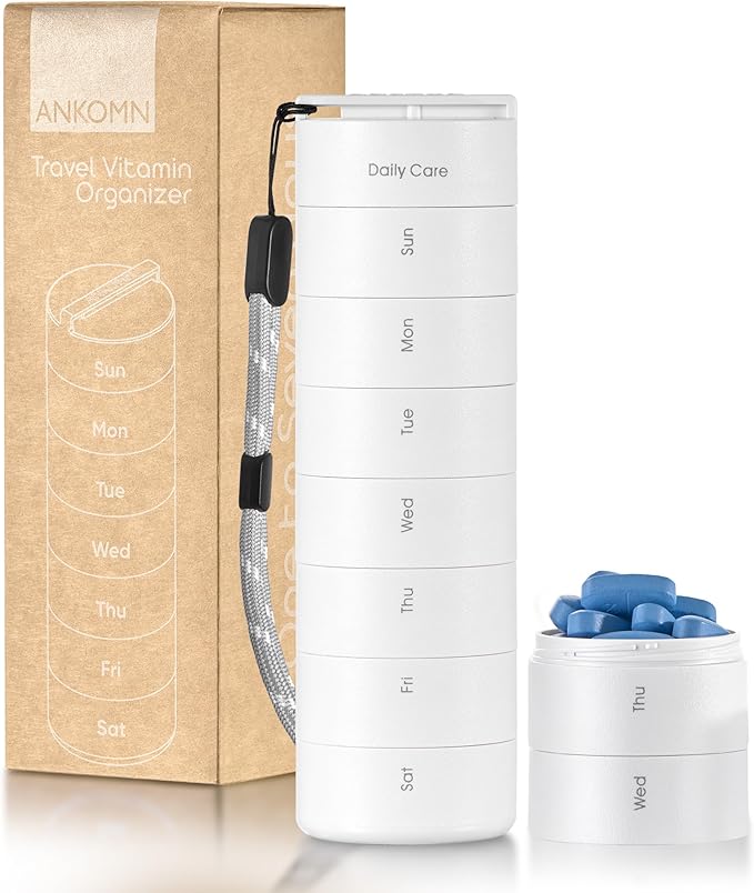 Ankomn - 7 Day Travel Pill Organizer. IPX7 Rating Waterproof, Airtight & Portable Pill Case for Vitamins. Durable Weekly Supplement Case with Stackable Compartments for Outdoor Use - White