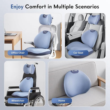 FLORICH Seat Cushion and Lumbar Support Pillow for Office Chair Car, Car Neck Pillow, Ergonomic Memory Foam Back Support for Office Gaming Chair Wheelchair, Relieves Neck, Back & Sciatica Pain – Blue