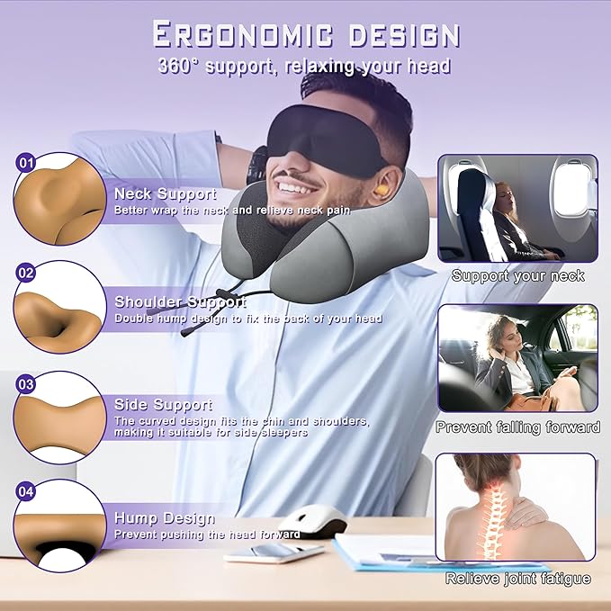 Neck Travel Pillow, Upgraded Memory Foam Pillow for Airplane, Machine Washable, Adjustable Flight Pillow, Suitable for Sleeping Airplane, Car, Office and Home (Grey)