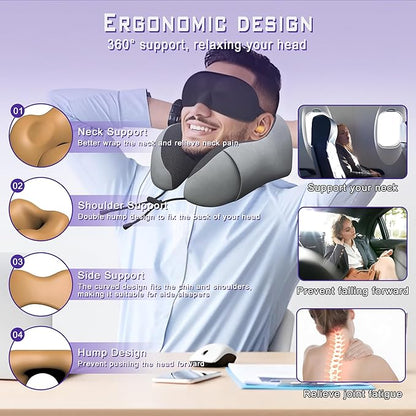 Neck Travel Pillow, Upgraded Memory Foam Pillow for Airplane, Machine Washable, Adjustable Flight Pillow, Suitable for Sleeping Airplane, Car, Office and Home (Grey)