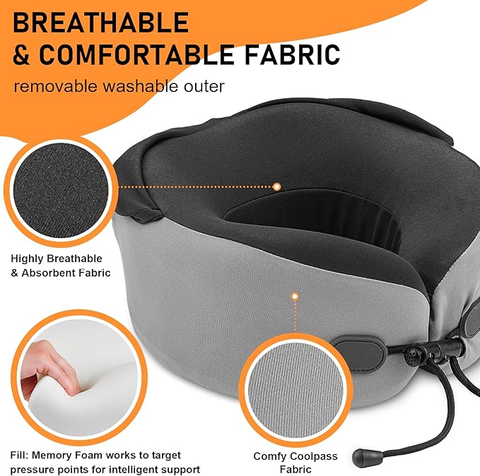 Neck Pillow for Travel - Hooded Memory Foam Plane Pillow for Airplane, Office, Cars Sleeping, Long Flight Must Haves, Portable Road Trip Essentials for Adults Black