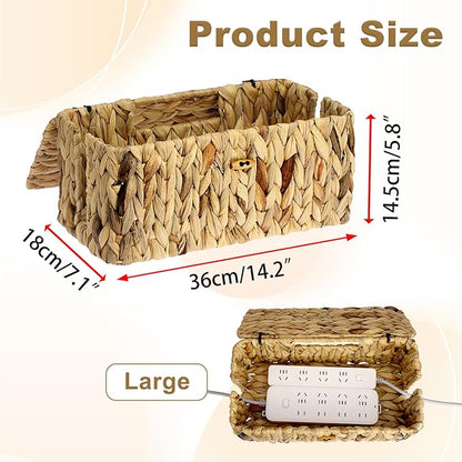 BTSKY Woven Cable Management Box with Lid, Water Hyacinth Cord Organizer for Desk, Cable Organizer Box with 2-Open Slots to Hide Power Strips USB Hubs for Home & Office, Pet Proofing Cord Basket, L