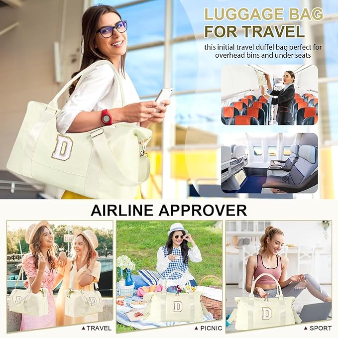 Dance Gym Duffel Bag for Teen Girls, Personalized Initial Travel Weekender Bag,Cute Overnight Carry On Duffle for Women,Sports Travel Cheer Bag,Monogram Christmas Gifts for Tween Preppy(beige-D)