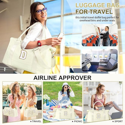 Dance Gym Duffel Bag for Teen Girls, Personalized Initial Travel Weekender Bag,Cute Overnight Carry On Duffle for Women,Sports Travel Cheer Bag,Monogram Christmas Gifts for Tween Preppy(beige-D)