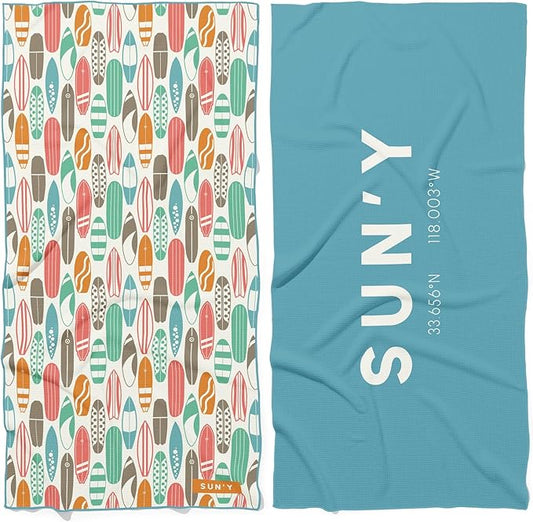 SUN'Y Waffle Microfiber Beach Towel – Sand Free, Quick Dry, Ultra Absorbent, Lightweight & Compact Travel Towel with Carry Bag - Large (63” x 31.5”), Huntington