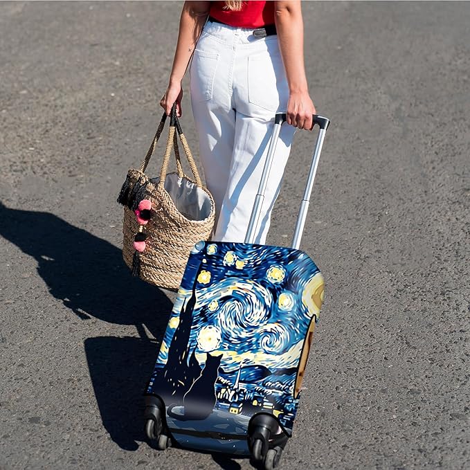 Suitcase Cover for Luggage 25-28 Inch, Washable Elastic Anti-Scratch Luggage Protector, Durable Zipper Baggage Cover with Handle Wrap, Travel Accessories for Suitcase, Starry Night Cat