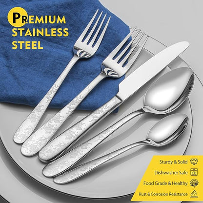 40 Piece Silverware Set, Service for 8, EIUBUIE Premium Stainless Steel Cutlery Set, Mirror Polished Flatware Sets with Pattern Handle, Modern Kitchen Eating Utensils Sets