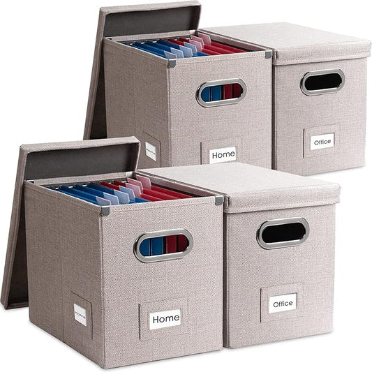 PRANDOM File Organizer Box - Set of 4 Collapsible Decorative Linen Filing Storage Hanging File Folders with Lids Office Cabinet Letter Size Light Grey (14x9.3x10.8 inch)