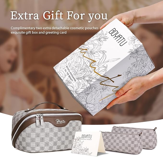 BOYATU Travel Makeup Bag Cosmetic Bags for Women: Large Make up Bags Set of 3 - Portable Makeup Organizer with Compartments&Handle&Divider - Waterproof PU Leather Toiletry Bag(C-1-Light Brown)