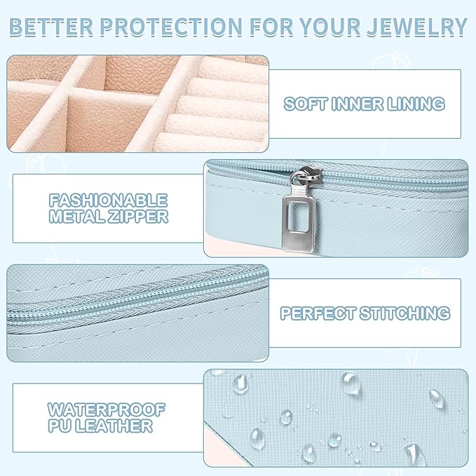 Leezmark 8 Pcs Jewelry Travel Case, Bridesmaid Gifts Set Of 8, Velvet Portable Jewelry Travel Organizer Small Jewelry Box Bridesmaid Proposal Gifts Box Mini Storage Organizer Storage Box, Light Blue