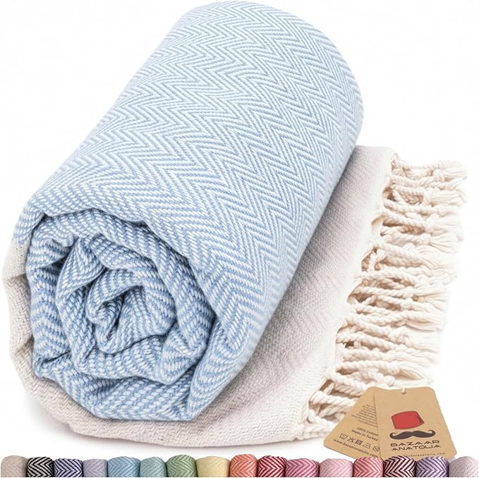 Bazaar Anatolia Turkish Beach Towel 100% Cotton Bath Towels 71x39 Quick Dry Sand Free Lightweight Large Oversized Herringbone Light Blue