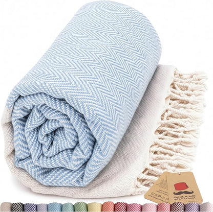 Bazaar Anatolia Turkish Beach Towel 100% Cotton Bath Towels 71x39 Quick Dry Sand Free Lightweight Large Oversized Herringbone Light Blue