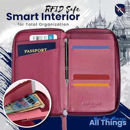 ALLEN & MATE Passport Holder Travel Wallet, 100% Leather RFID Blocking Travel Document Organiser for Men & Women