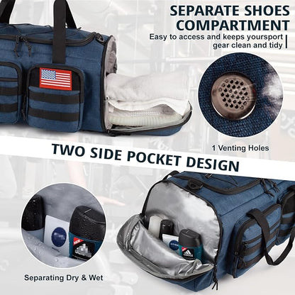 Tactical Gym Bag for Men，50L Large 3 in 1 Sports Duffle Bag with Shoes Compartment for Travel,Water Resistant Travel Backpack Weekender Overnight Bag with Wet Pocket for Women