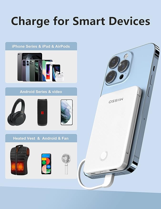 6000mah Ultra Slim Built in Cables Power Bank, Card Size Built in USB C Cords Battery Pack Portable Charger for Phones, 3 Output External Battery Pack Compatible with iPhone, 2-Pack White & Purple