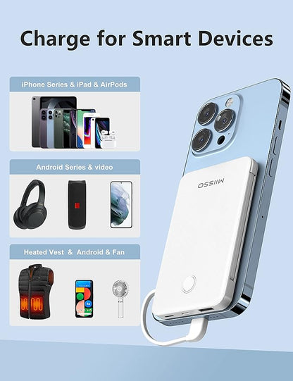 6000mah Ultra Slim Built in Cables Power Bank, Card Size Built in USB C Cords Battery Pack Portable Charger for Phones, 3 Output External Battery Pack Compatible with iPhone, 2-Pack White & Purple