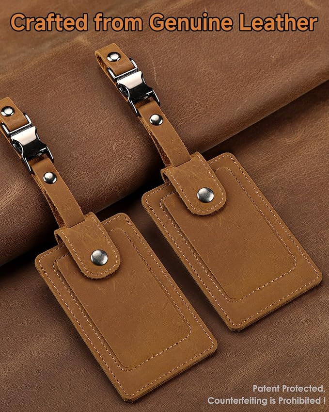 Premium Genuine Leather Luggage Tags for Suitcases - Quick Release, Privacy Protection, Elegant and Durable, Travel Essential Luggage Tag - 2 Pack Brown