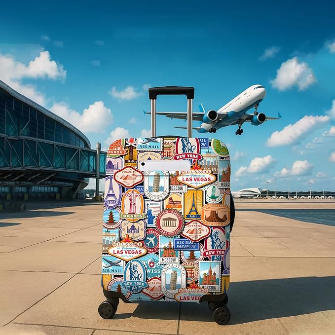 Landmark Sticker Travel Luggage Cover, Travel-Themed Suitcase Protector Stretchable, Washable Travel Suitcase Cover (L for 25-28 Inch Luggage)