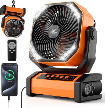 KITWLEMEN Camping Fan with Light - 20000mAh Rechargeable Battery Fan, 60Hrs Max Run Time, 4 Speeds, Timer, Auto Oscillation, 270° Pivot & Hook for Camping, Power Outage, Hurricane