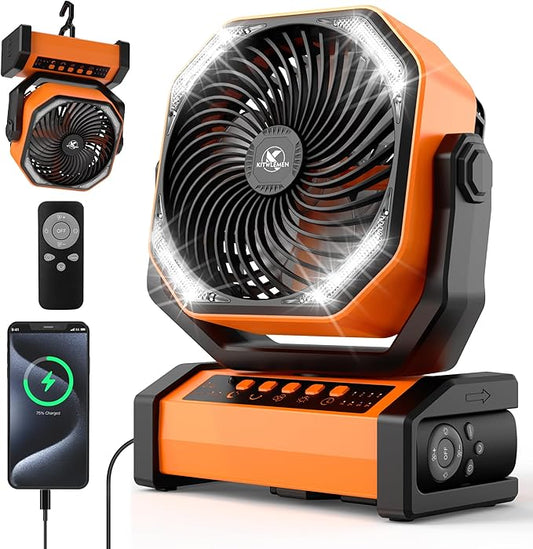 KITWLEMEN Camping Fan with Light - 20000mAh Rechargeable Battery Fan, 60Hrs Max Run Time, 4 Speeds, Timer, Auto Oscillation, 270° Pivot & Hook for Camping, Power Outage, Hurricane