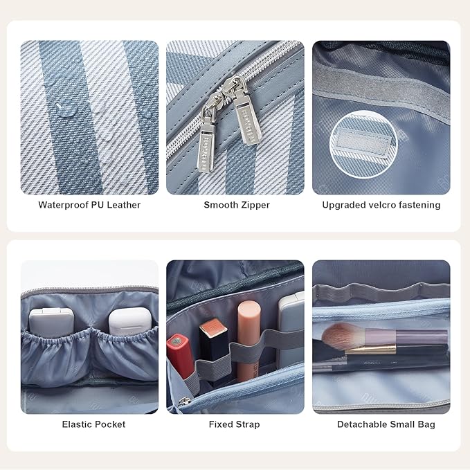 BOYATU Travel Makeup Bag for Women: Large Cosmetic Bag Set of 3 - PU Leather Make up Bag with Compartments - Compact Waterproof Toiletry Bag with Divider & Handle (B-2-Blue)