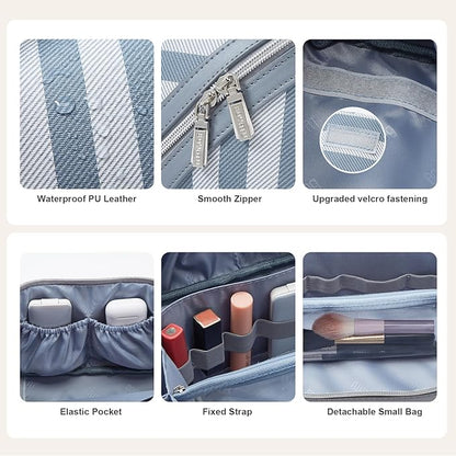BOYATU Travel Makeup Bag for Women: Large Cosmetic Bag Set of 3 - PU Leather Make up Bag with Compartments - Compact Waterproof Toiletry Bag with Divider & Handle (B-2-Blue)