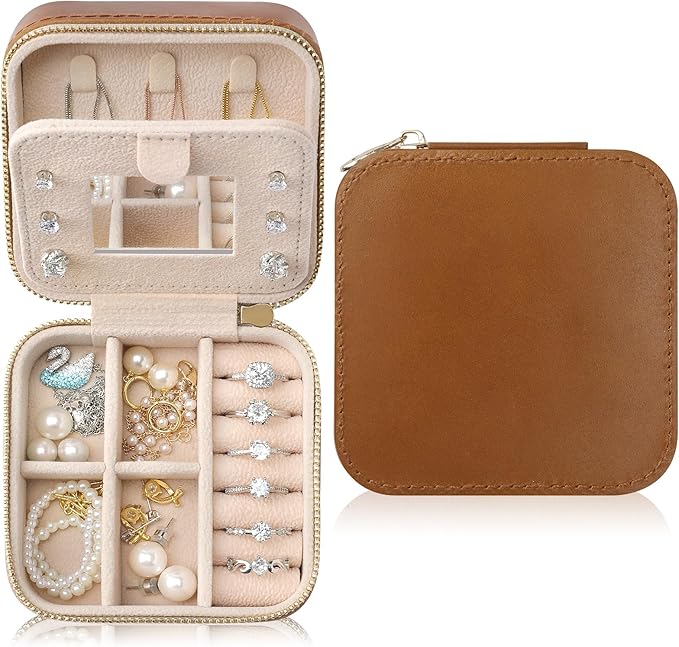 Genuine Leather Travel Jewelry Organizer Case with Mirror for Women, Small Mini Portable Jewelry Box for Earring, Ring, Necklace, Bracelet（Brown）