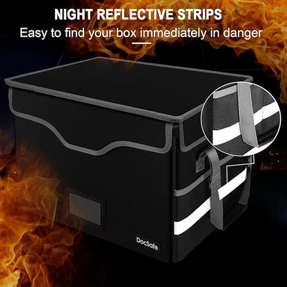 DocSafe Fireproof Document Box with Lock,File Storage Organizer with Pockets,Collapsible Portable File Box Home Office Safe Filing Cabinet with Handle for Hanging Letter/Legal Folders,Black,2 Pack