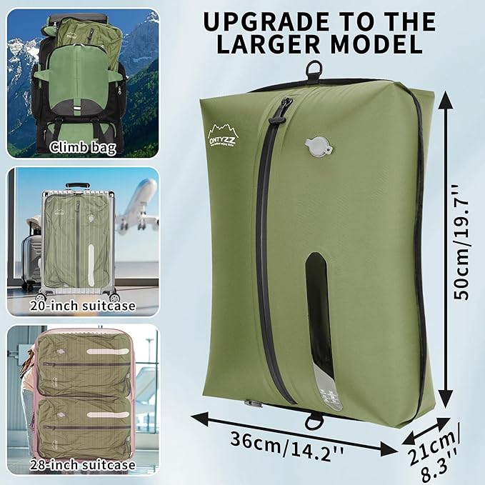 ONTYZZ TPU Vacuum Bag for Travel Reusable Compression Bag with IPX8 Waterproof Zipper Durable Space Saver Bag，Large Two Pack Green with Air pump