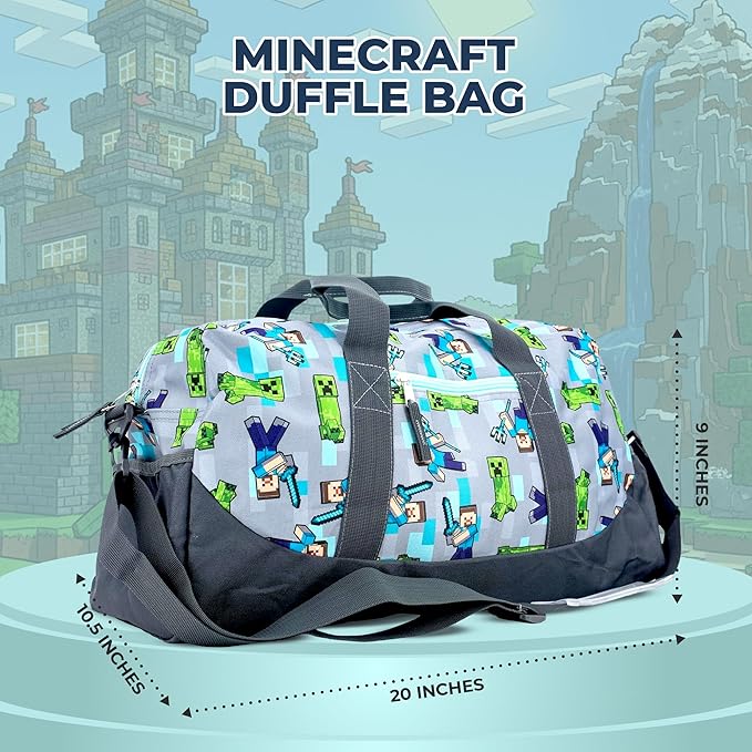 Minecraft Duffle Bag, 16 inch Travel Sleepover Weekender Bag for Girls & Boys, Green/Gray