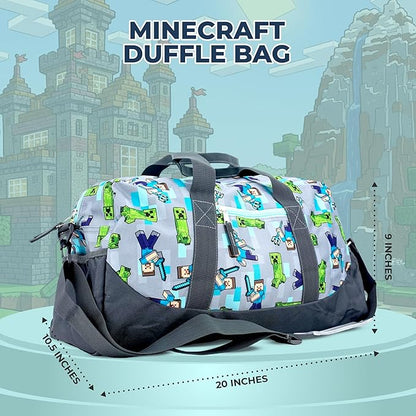 Minecraft Duffle Bag, 16 inch Travel Sleepover Weekender Bag for Girls & Boys, Green/Gray