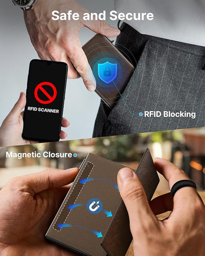 typecase Mens Wallet Card Holder: Pop Up Aluminum Case, Genuine Leather, Smart, RFID Blocking, Slim, Minimalist, Front Pocket - 9-14 Card Capacity | ID Window | Cash Slot (Black Brown)