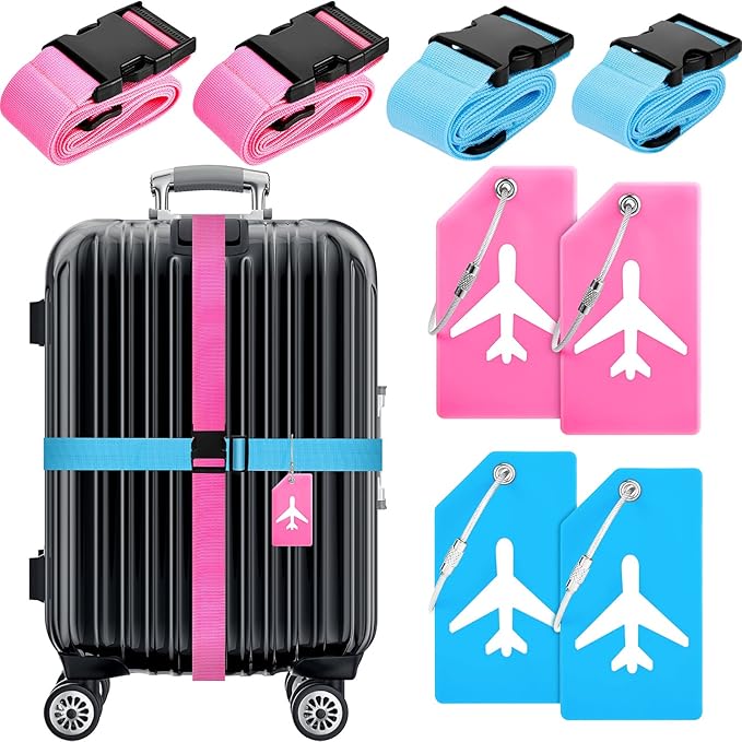 Weewooday 8 Pcs Luggage Straps Suitcase Tags Set for TSA Approved, 4 Travel Adjustable Suitcase Belt, 4 Silicone Luggage Tags with Name ID Card Travel Accessories(Pink, Light Blue,Airplane)
