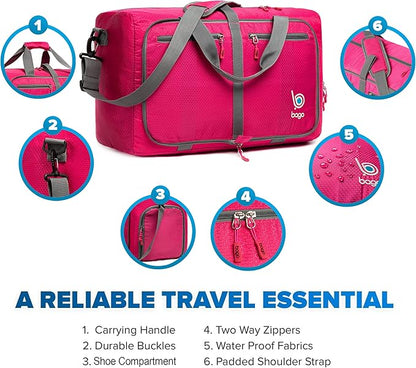 Bago Foldable Duffel Bags for Traveling Women & Men - 40L Sports Packable Duffle Bag for Travel with Shoe Compartment - Water Repellant, Heavy Duty, Lightweight Folding & Collapsible (Pink)