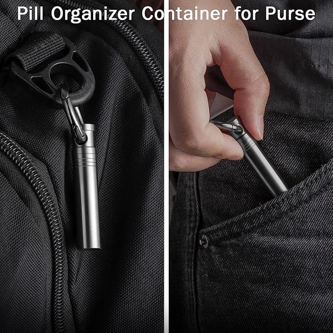 TISUR Small Keychain Pill Holder ，Titanium Metal Travel Pill Case Portable Pill Organizer Container for Purse Waterproof Keychain Pill Holder Medicine Bottle