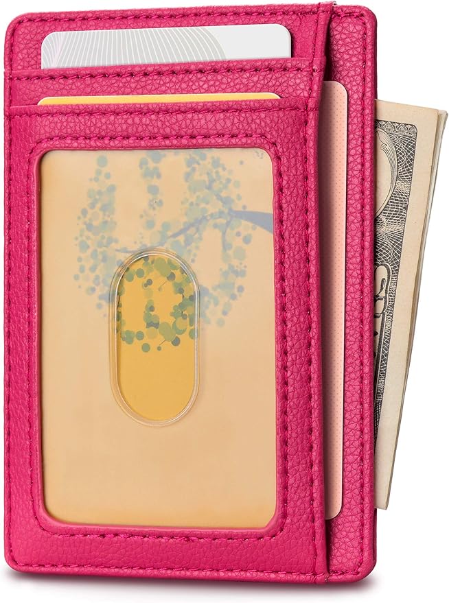 Buffway Slim Minimalist Front Pocket RFID Blocking Leather Wallets for Men and Women - Lichee Red