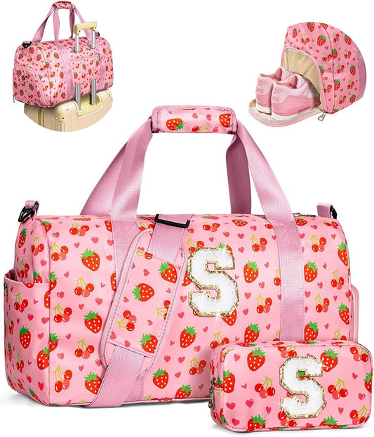 Cute Gifts for Girls, Travel Duffle Bag for Kids, Initial Overnight Sleepover Weekender Bag with Toiletry Bag, Birthday Christmas Gift Ideas for 4-8, 8-12, 13-16 Year Old Girls, Trendy Stuff