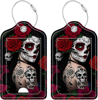Funny PU Leather Luggage Tags 2-Pack Lady Rose Skull Cute Pattern Suitable for Suitcase Stainless Steel Loop and Address Card Essential for Cruise and Airport Travel for Men and Women