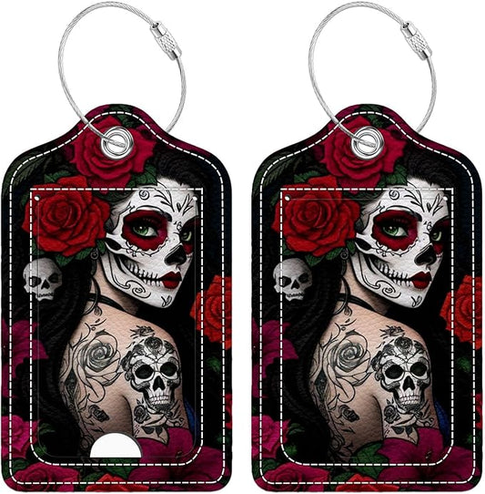 Funny PU Leather Luggage Tags 2-Pack Lady Rose Skull Cute Pattern Suitable for Suitcase Stainless Steel Loop and Address Card Essential for Cruise and Airport Travel for Men and Women