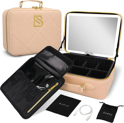 BAREZ Premium PU Leather Makeup Bag With LED Mirror - 3 Brightness Mirror Light Settings - Adjustable Dividers - Removable Mirror Waterproof Cosmetic Travel Bag - A Luxury Gift for Her (Nude)