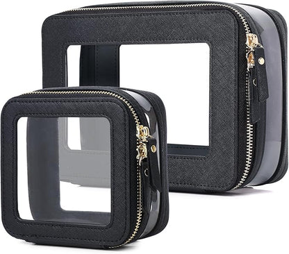 Pinkmik Clear Makeup Bag with Zipper Waterproof Travel Makeup Set for Cosmetics and Toiletries Women's Purse Organizer and Car Essentials (Black, M+MINI-1)