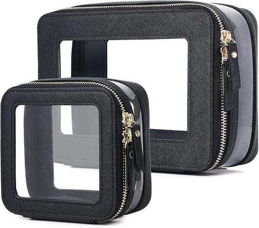 Pinkmik Clear Makeup Bag with Zipper Waterproof Travel Makeup Set for Cosmetics and Toiletries Women's Purse Organizer and Car Essentials (Black, M+MINI-1)